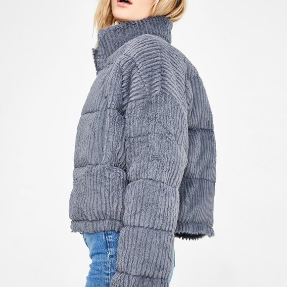 uo charcoal fluffy corduroy puffer jacket